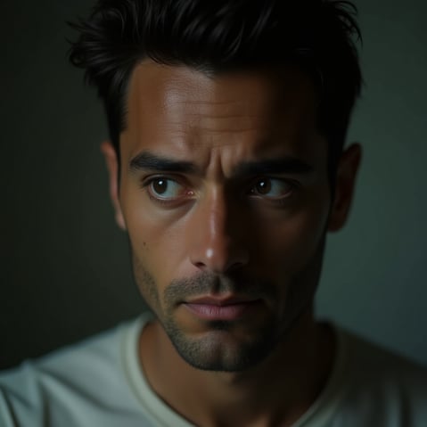 Close-up of a man’s face with a tense expression, symbolizing overthinking and emotional overwhelm