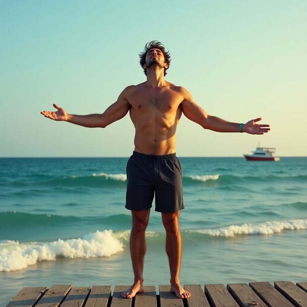 Man standing by the ocean with arms outstretched, symbolizing emotional release and liberation.
