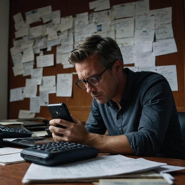 A man hunched over a desk, unread messages stacking up behind him while he refreshes his phone – Lack of focus and productivity due to obsession.
