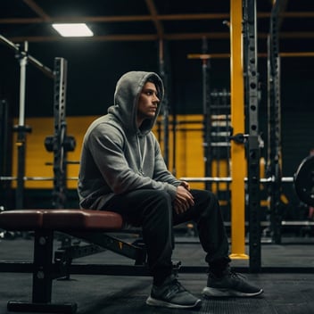 A man in a hoodie, sitting on a gym bench, deep in thought, before standing up ready to train – Showing the moment of decision to stop sulking and start rebuilding.