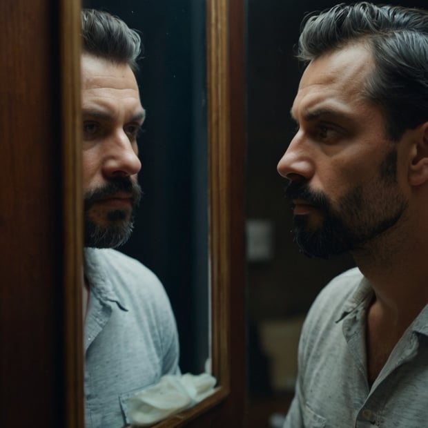 Man staring at his reflection in a mirror, reflecting feelings of inadequacy and self-doubt after infidelity.