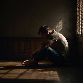 Man sitting alone in a dimly lit room, deep in thought, symbolizing emotional reflection and the journey of healing after infidelity.