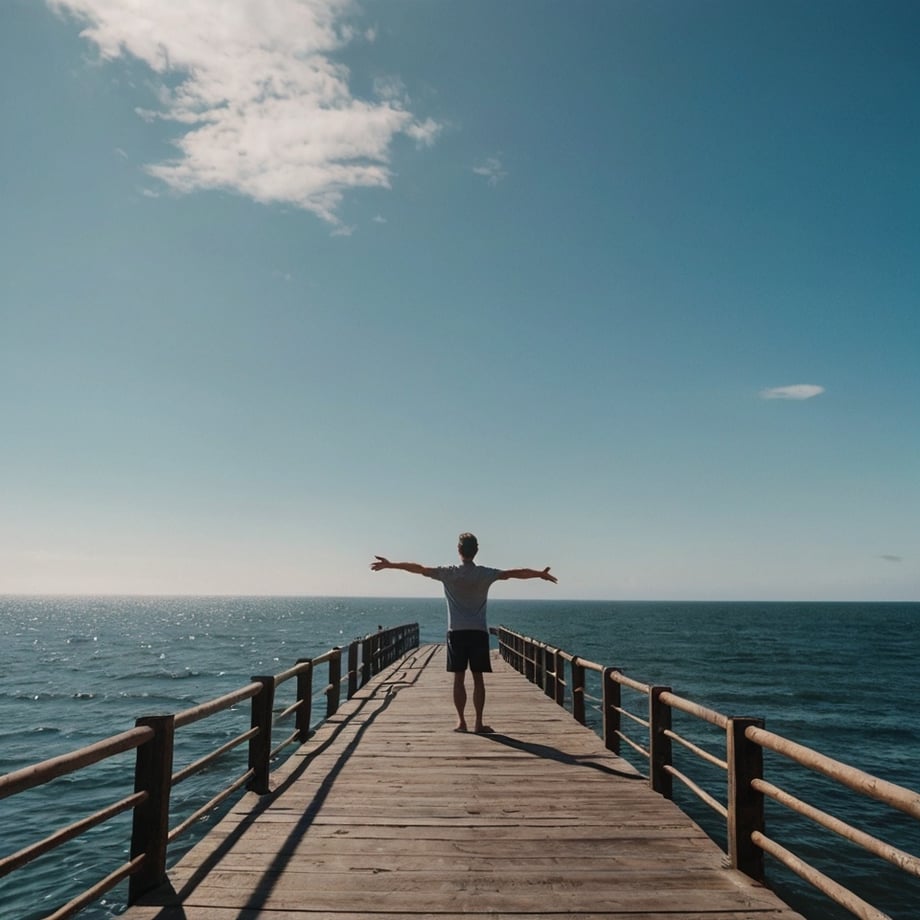 Man standing at the edge of a pier with arms spread wide, facing the open ocean, symbolizing emotional freedom and letting go