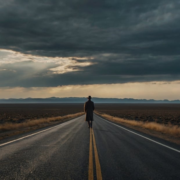 Man walking alone on an empty road toward a distant horizon, symbolizing the journey of moving on and self-discovery