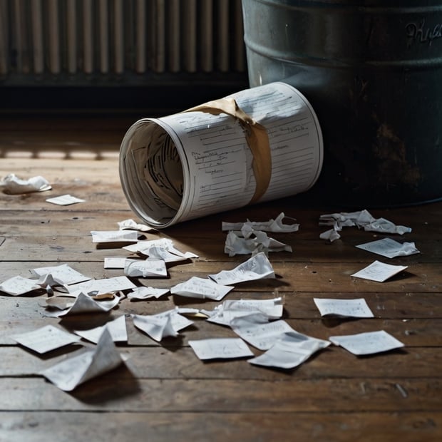 Crumpled letters on the floor next to a trash bin, symbolizing the emotional release of letting go of unanswered questions