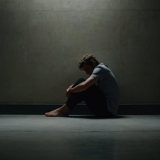  man sitting on the floor with his back against a blank wall, knees slightly bent, and head resting against the wall. His face is not fully visible, emphasizing contemplation and introspection rather than overt sadness