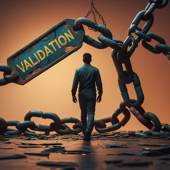 A silhouette of a man walking away from a broken chain labeled “Validation” – A visual metaphor for breaking free from external approval.