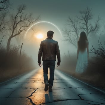 A man walking alone down a long, empty road at dawn—behind him, a blurry silhouette of a woman fading into fog.