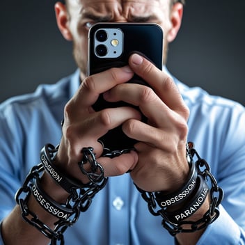 A man gripping his phone tightly, looking frustrated, while chains labeled 