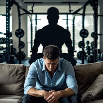 A man sitting slumped on a couch, looking defeated, while a shadow version of himself in the background is lifting weights in the gym – Symbolizing the choice between self-destruction and self-improvement.