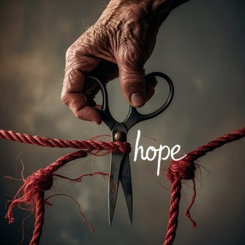 A hand cutting a rope labeled “Hope” or “Someday”