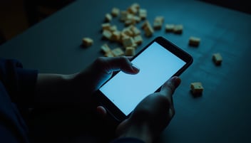 Person holding a smartphone in a dark room with a blank screen, surrounded by scattered breadcrumbs on a table—symbolizing emotional breadcrumbing and waiting for a message that never comes.