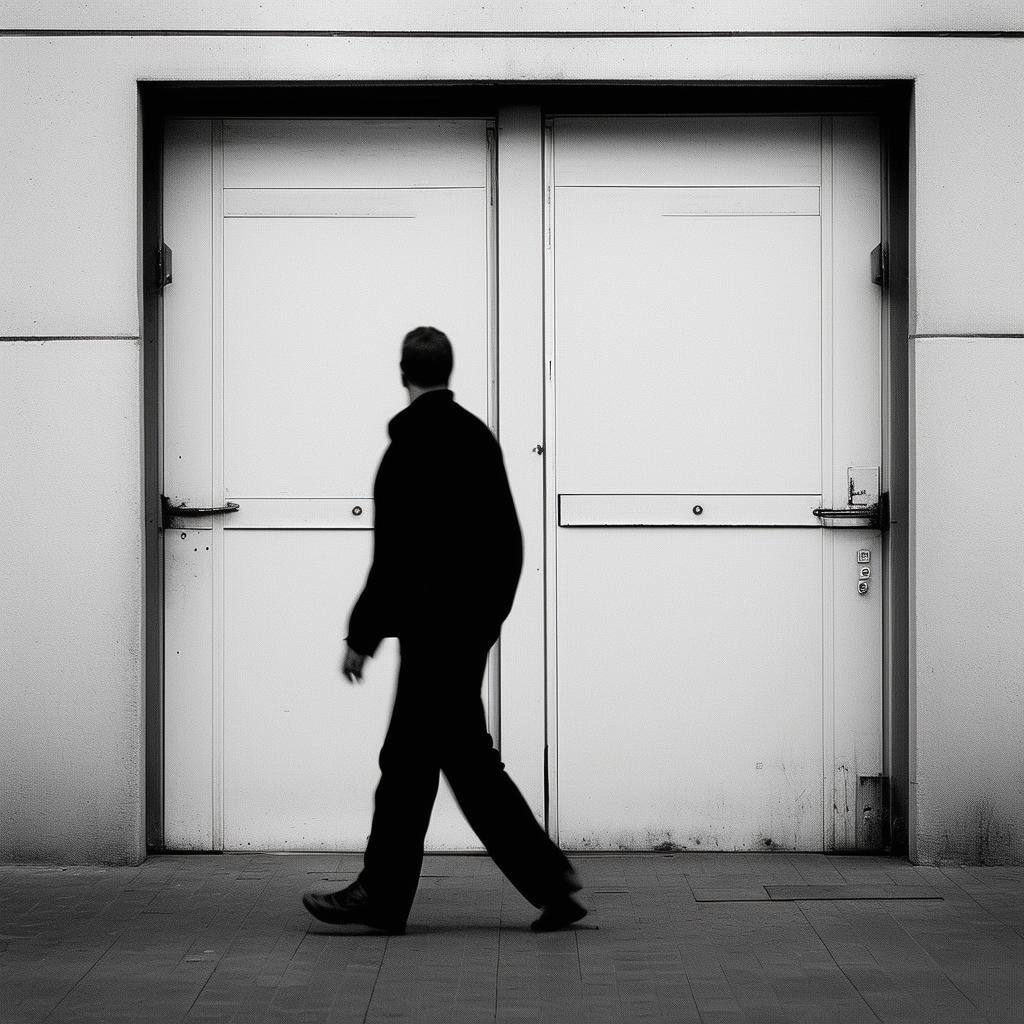 Man walking alone passing over a large white door