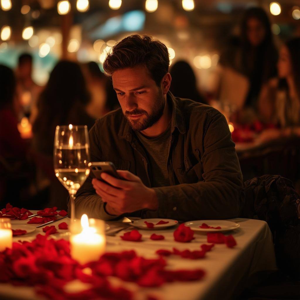 Man sitting in a bar with his phone in his hand