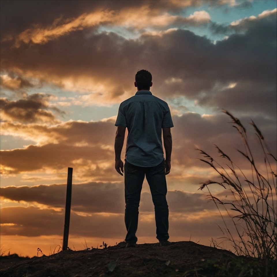 Man standing tall against a dramatic sunset, symbolizing resilience, victory, and personal transformation