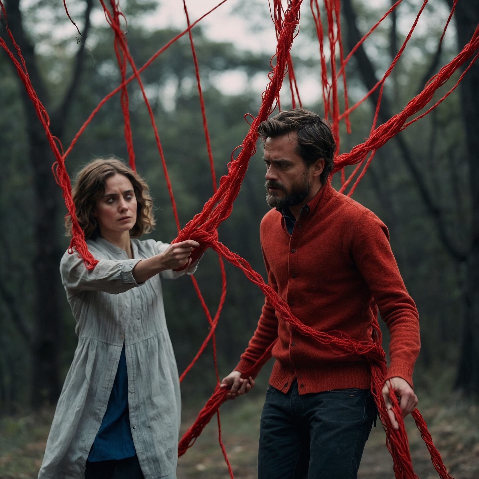A man tangled in red strings leading to a blurred-out figure of a woman – Symbolizing obsession, emotional entanglement, and lack of control over feelings.