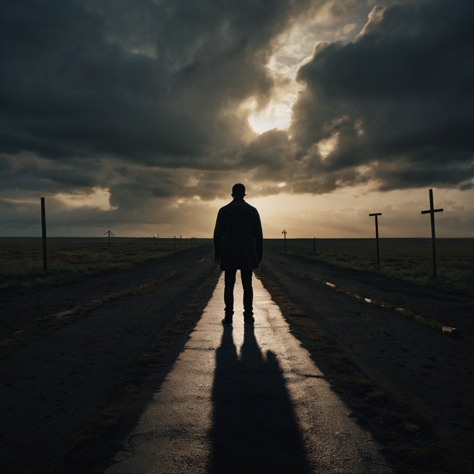 A silhouette of a man standing at a crossroads, facing two diverging paths. One path is dark and gloomy, symbolizing staying stuck in the past, while the other is bright and inviting, symbolizing new beginnings and opportunities. The man appears contemplative but determined, ready to move forward