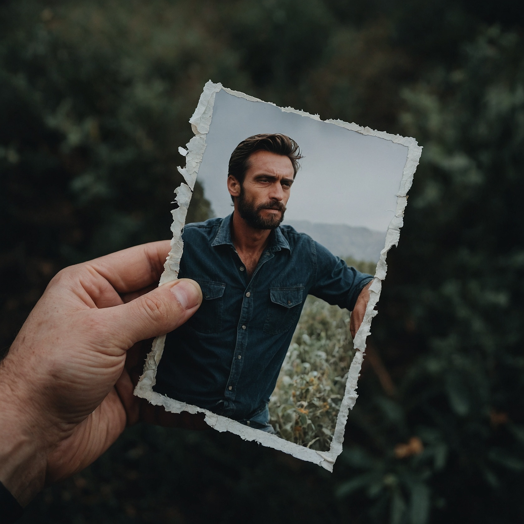 A torn photo with only the man holding his half