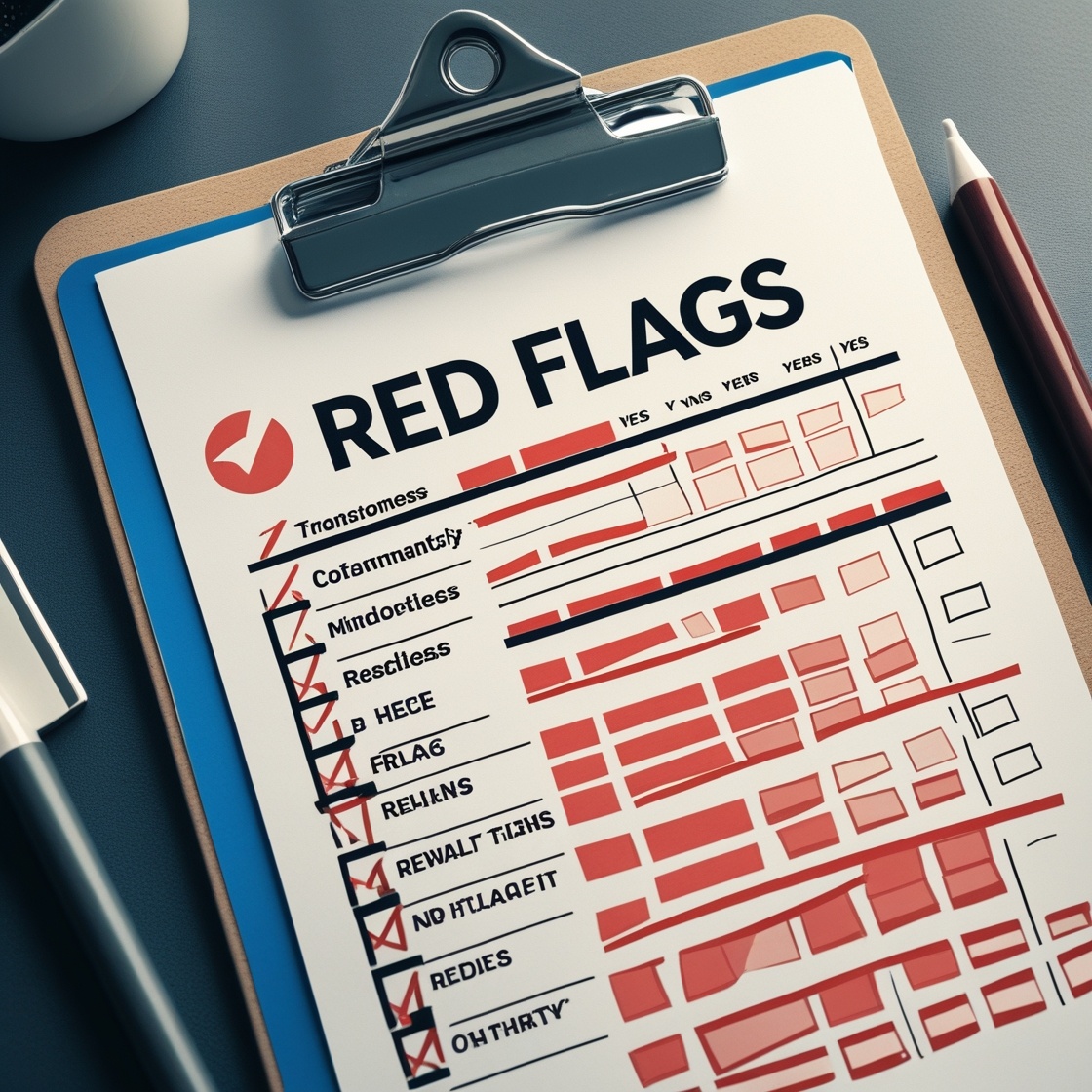 A clipboard with a checklist labeled “Red Flags”, with most of the boxes checked.
