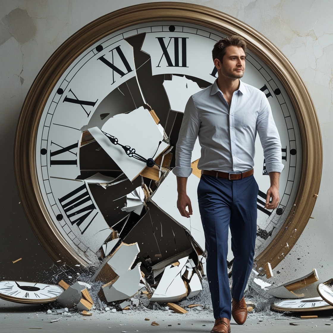 A clock breaking apart while a man walks away confidently