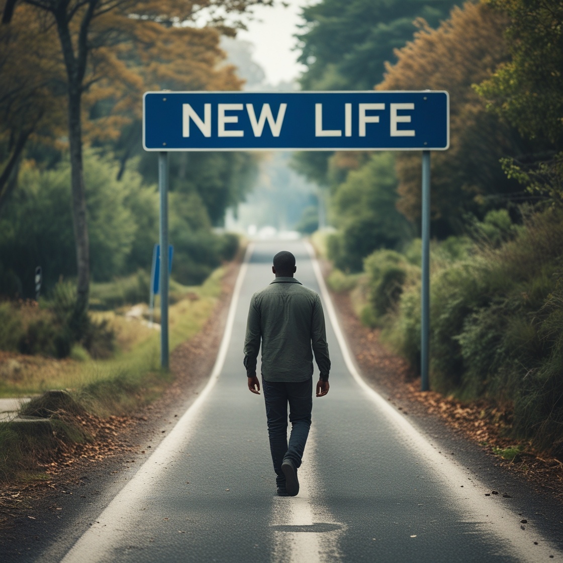 A lone man walking down a road labeled “New Life”