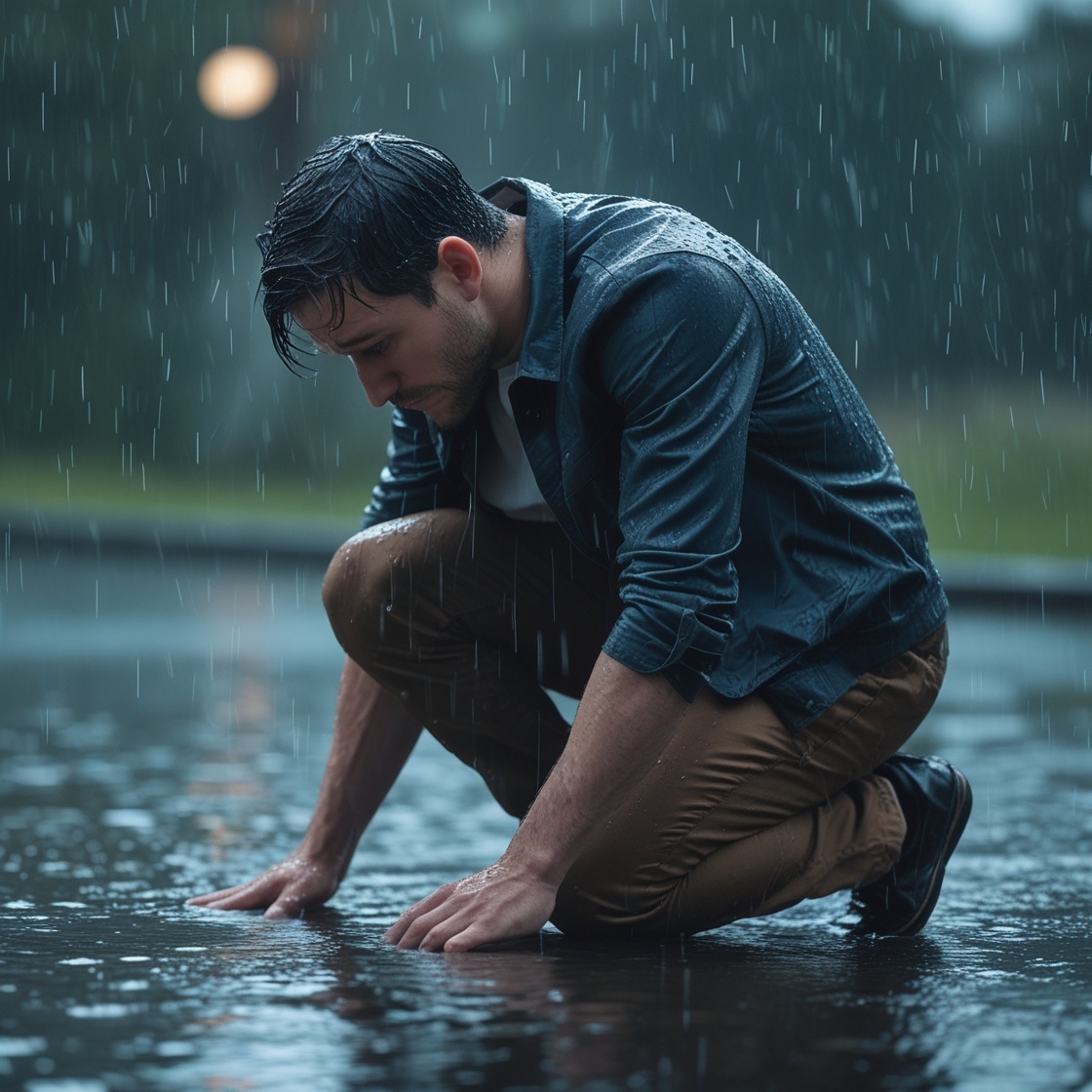 A man kneeling in the rain, symbolizing desperation and emotional exhaustion from chasing someone who doesn't care.