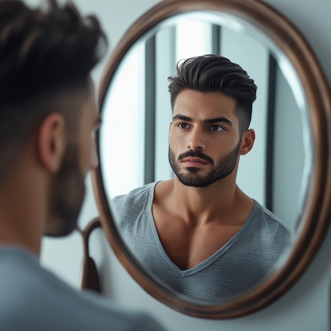 A man looking at his reflection, but instead of seeing himself broken, he sees a stronger version emerging