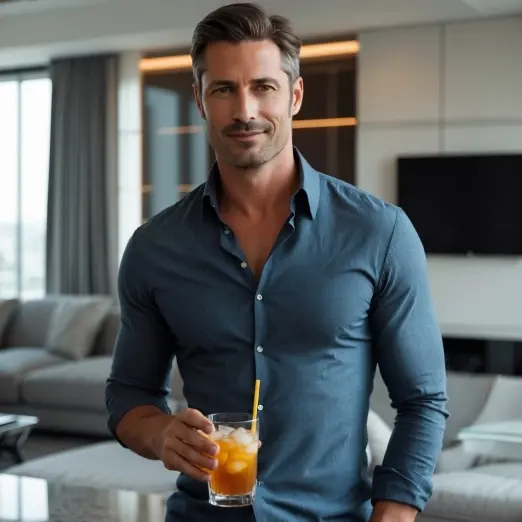 A man holding a drink in his apartment