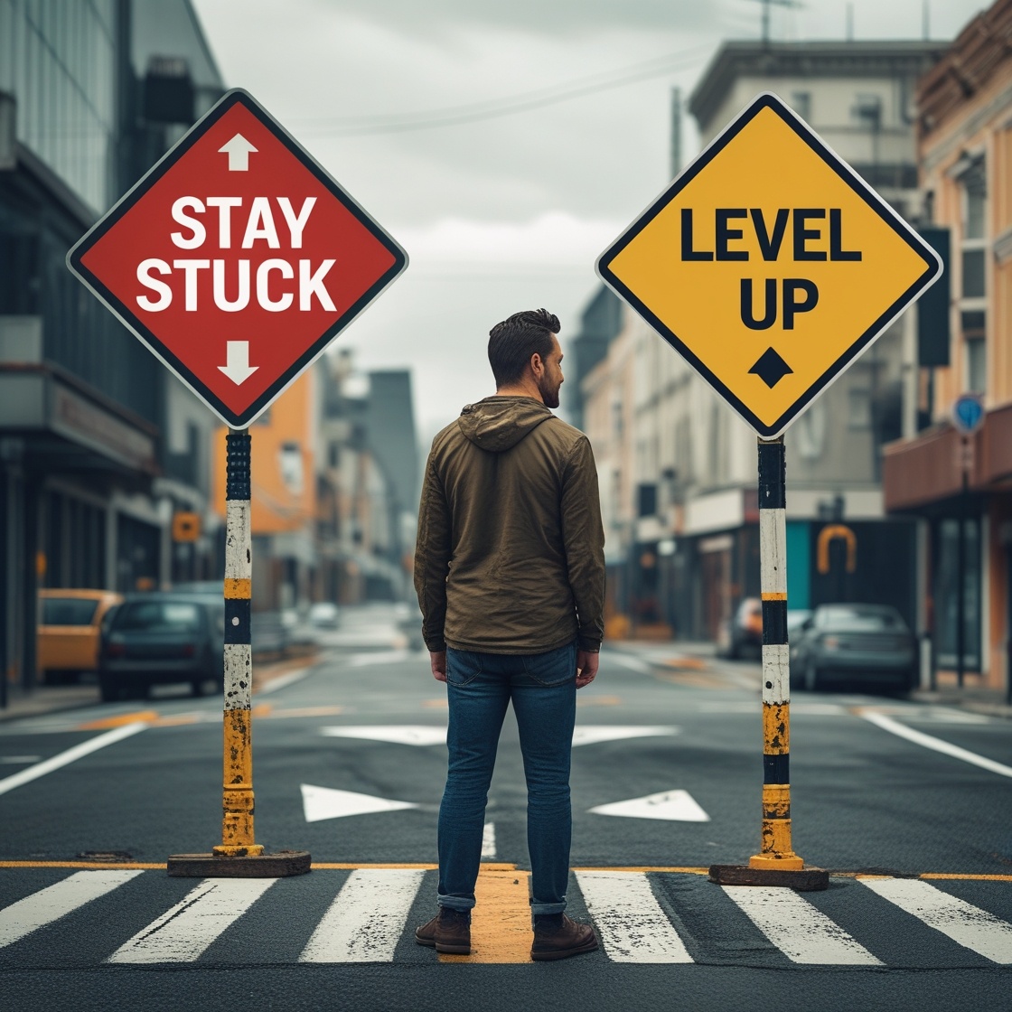 A man standing at a crossroads with two signs: 