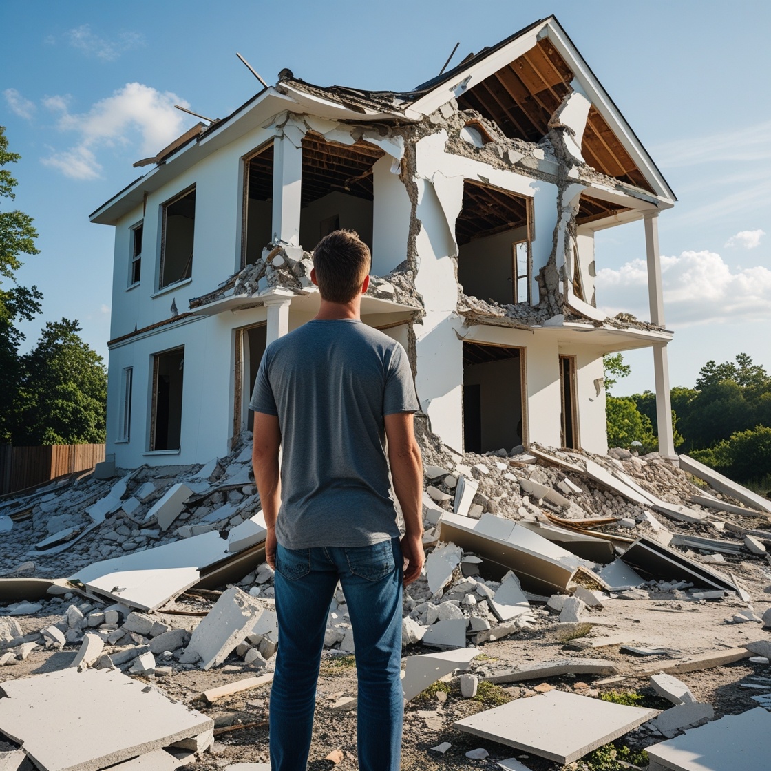 A man staring at a crumbling house with only the foundation left standing – Symbolizing how love alone isn’t enough without the right structure (values, communication, emotional maturity).