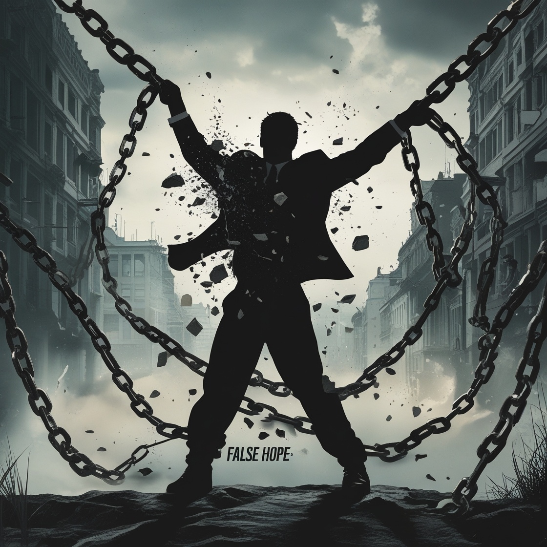 A silhouette of a man breaking free from a chain labeled 