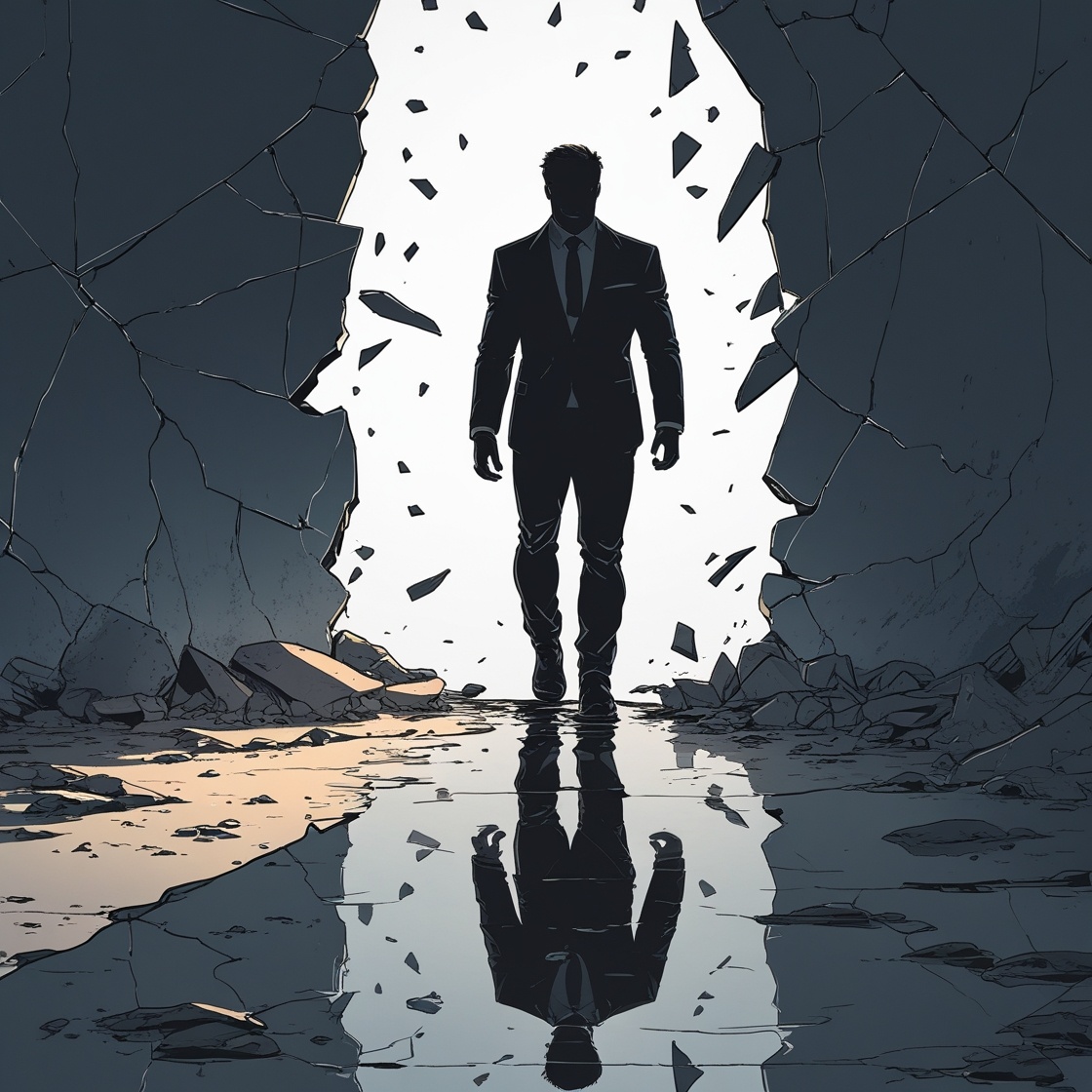 A silhouette of a man stepping out of his old, shattered reflection into a powerful, new version of himself – A clear visual metaphor for identity transformation.