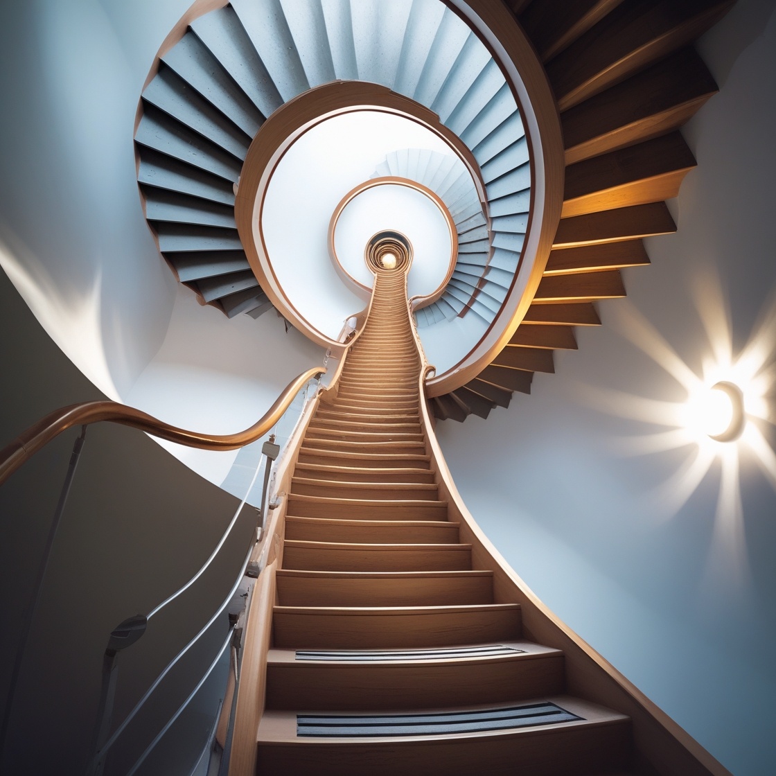 A winding staircase seen from above, spiraling upward into light, symbolizing the journey through emotional stages toward healing and growth