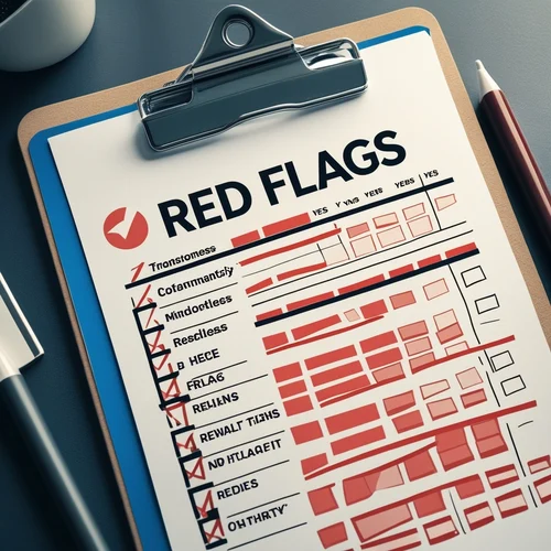 A clipboard with a checklist labeled “Red Flags”, with most of the boxes checked.