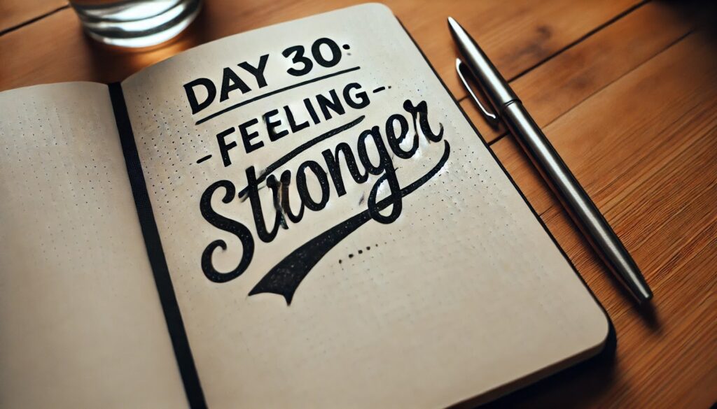 Journal page with ‘Day 30: Feeling Stronger’ written in bold, symbolizing emotional growth and progress during No Contact.