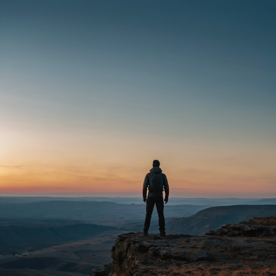 Man standing at the edge of a cliff, looking at the horizon, symbolizing emotional freedom and new beginnings after No Contact.