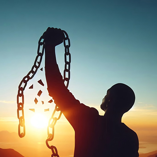 Man breaking chains