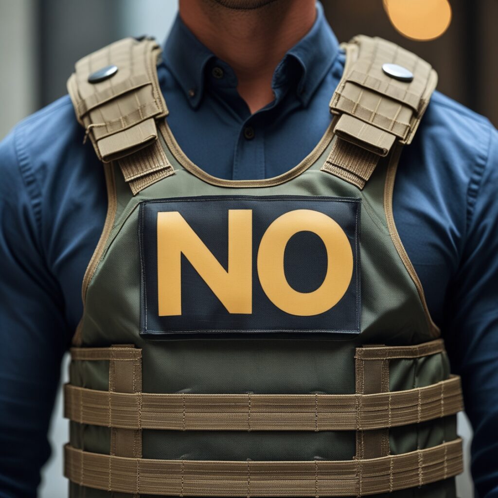 man wearing a vest that says 'no