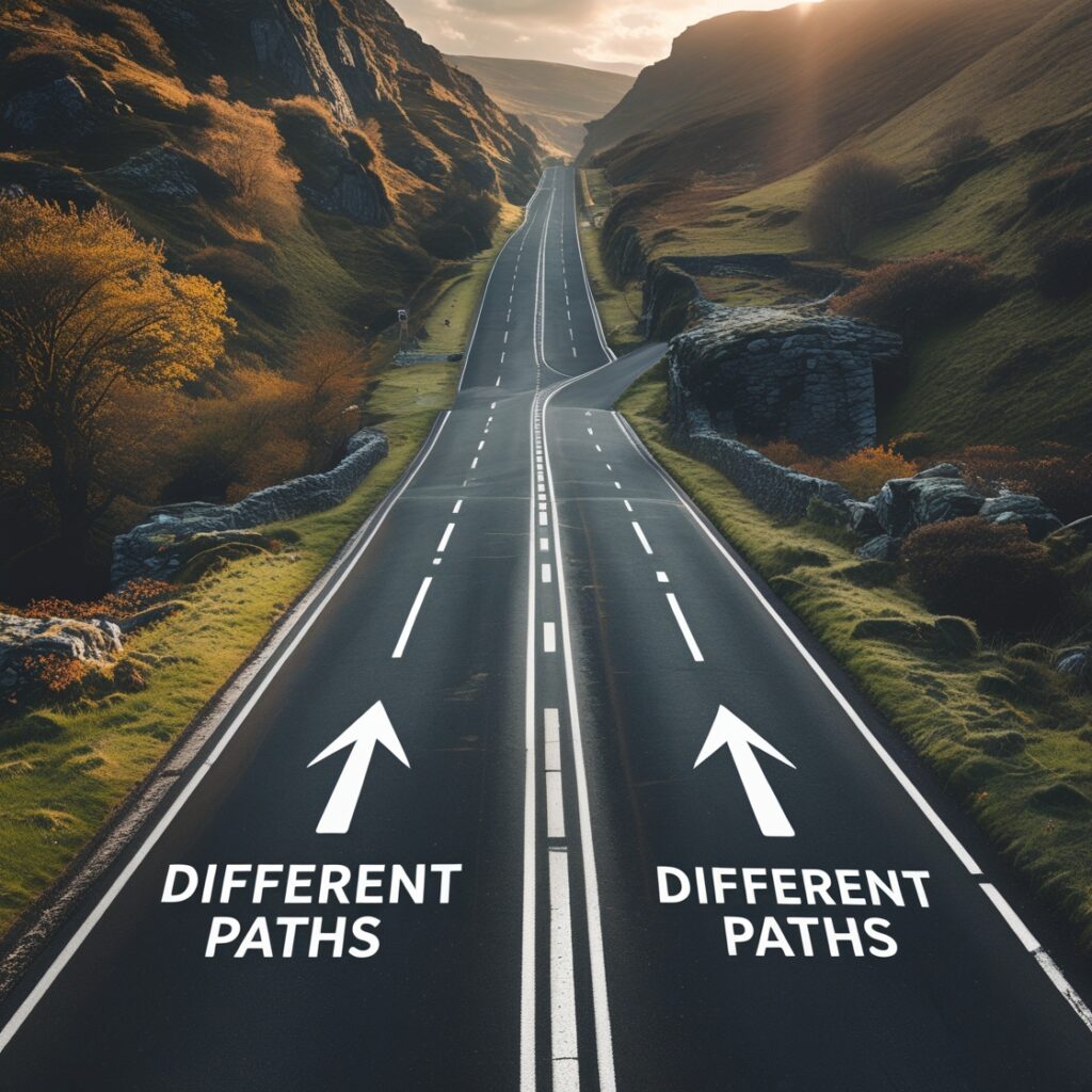 A split road labeled “Different Paths”, symbolizing two incompatible futures.