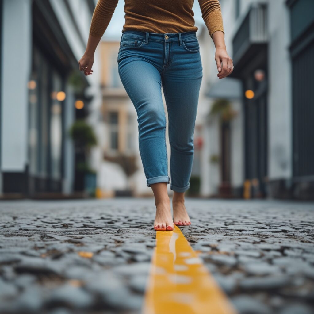 A woman stepping over a clear boundary line, symbolizing disrespect.