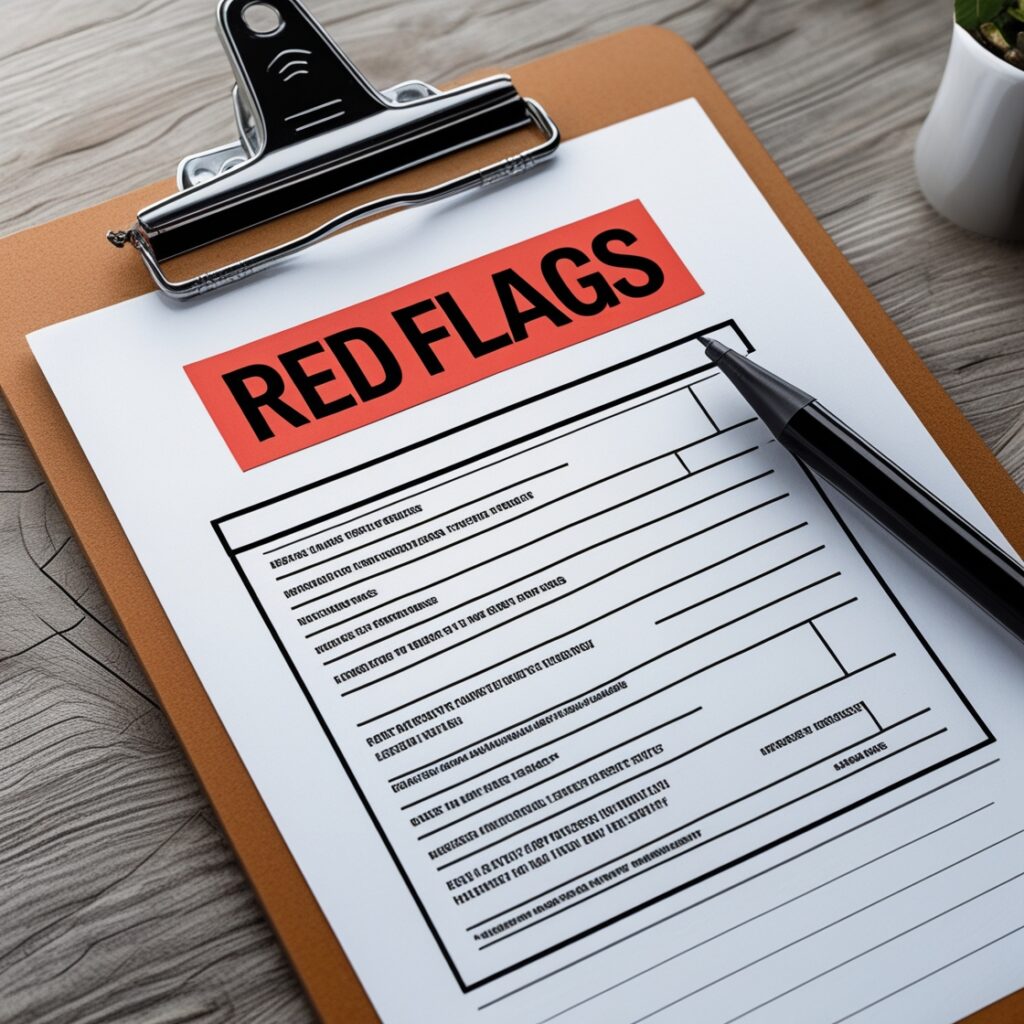 A clipboard with a checklist labeled “Red Flags”, with most of the boxes checked