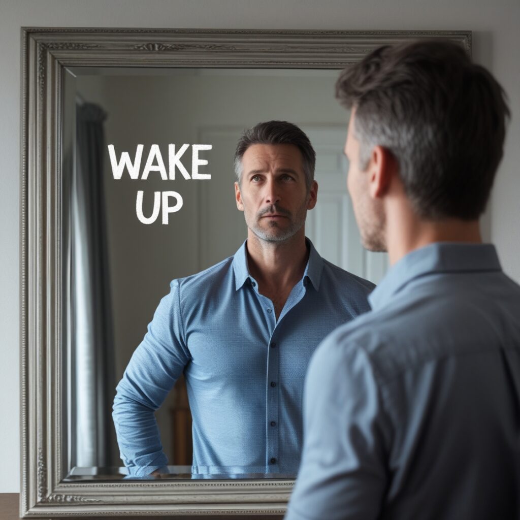 A man standing in front of a mirror with “Wake Up” written on it, symbolizing realization.