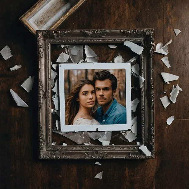 Shattered photo frame with a couple’s picture, symbolizing broken trust and unconditional love lost after betrayal.