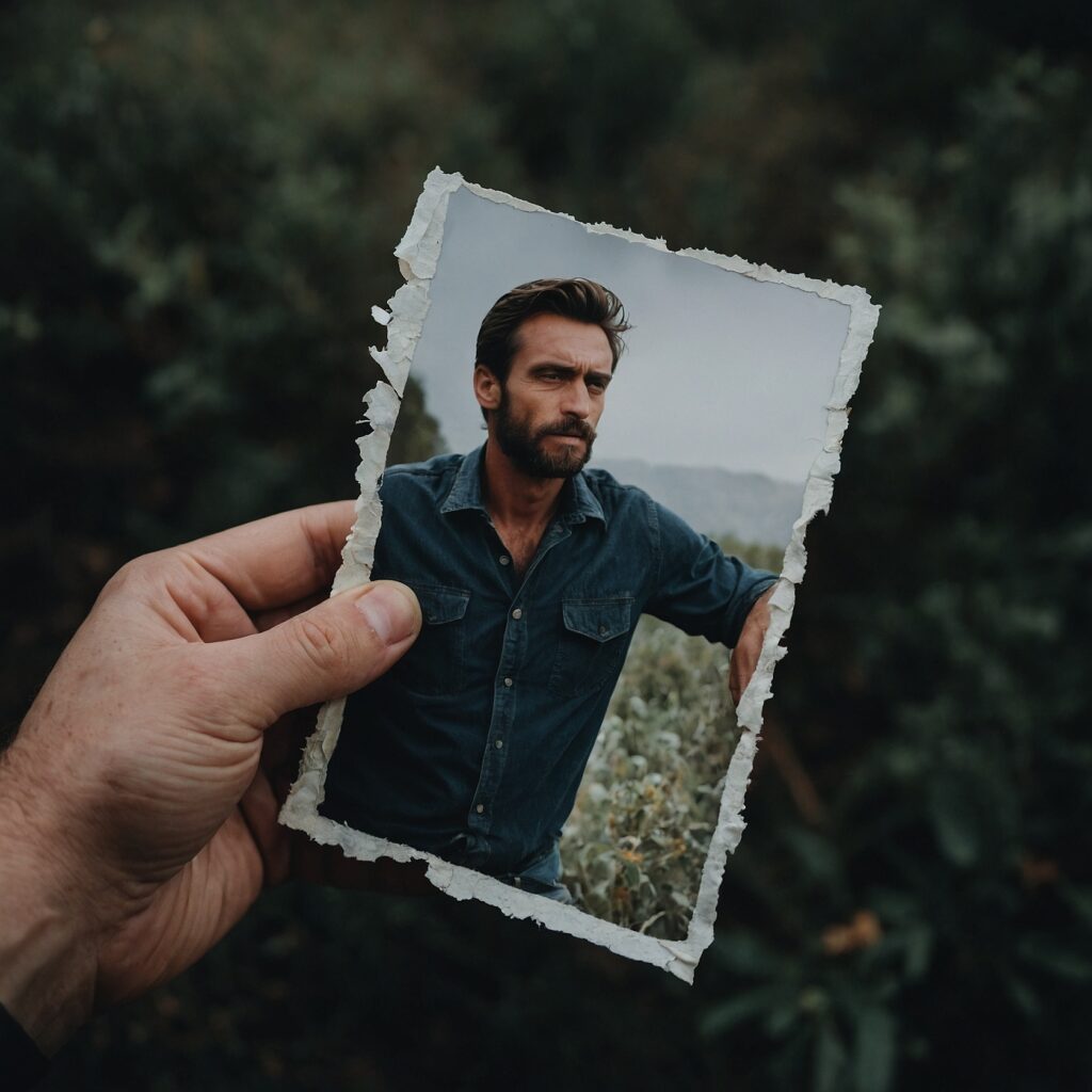 A torn photo with only the man holding his half