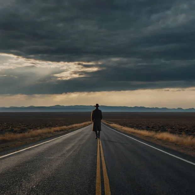 Man walking alone on an empty road toward a distant horizon, symbolizing the journey of moving on and self-discovery