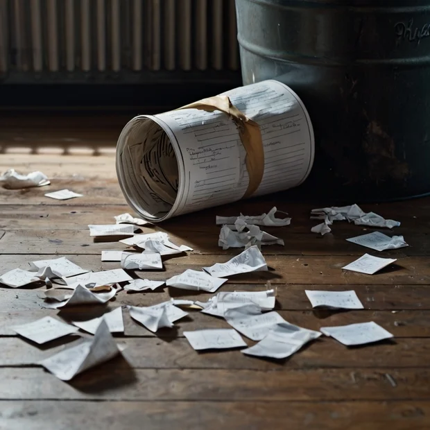 Crumpled letters on the floor next to a trash bin, symbolizing the emotional release of letting go of unanswered questions