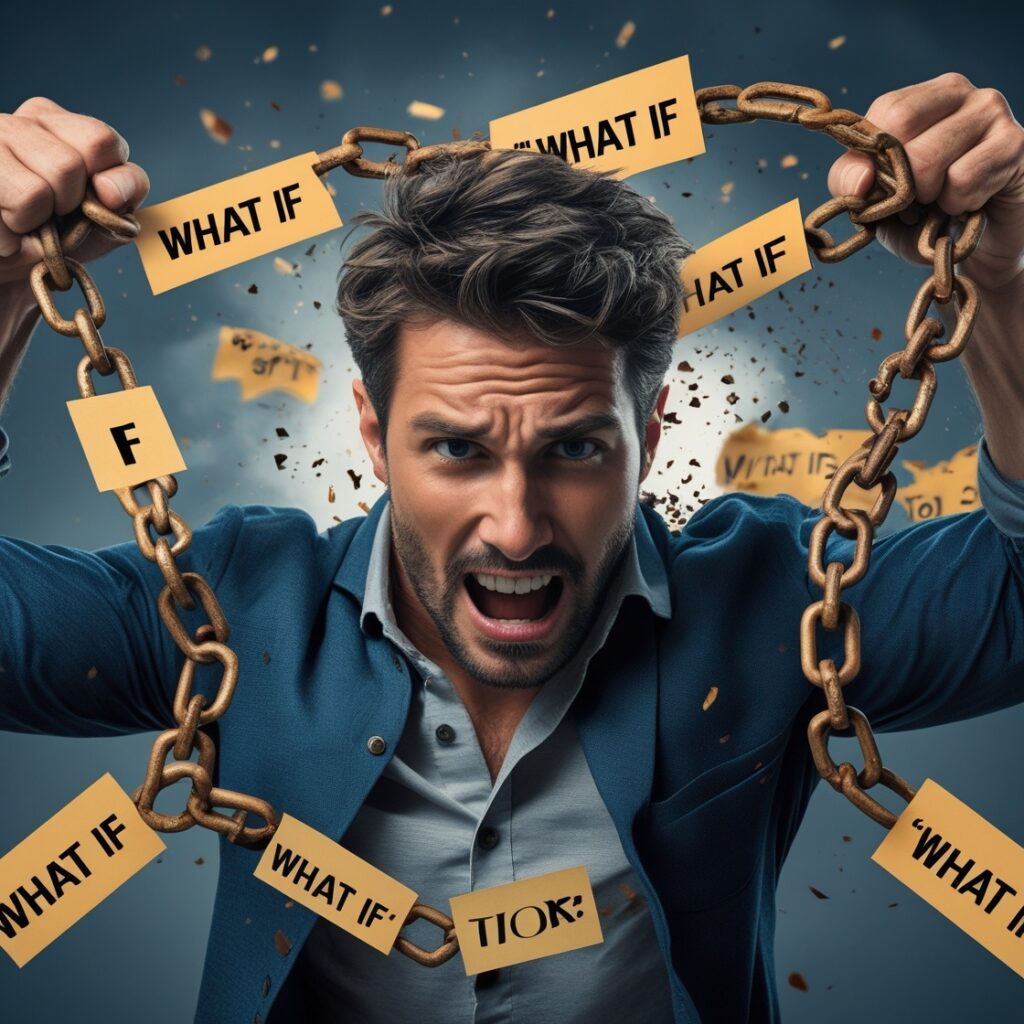 A man breaking free from chains made of "What If" words – A direct visual representation of escaping the mental trap.