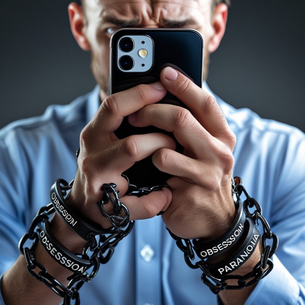 A man gripping his phone tightly, looking frustrated, while chains labeled "Obsession" and "Paranoia" wrap around his hands – Symbolizing how checking her phone traps him emotionally.