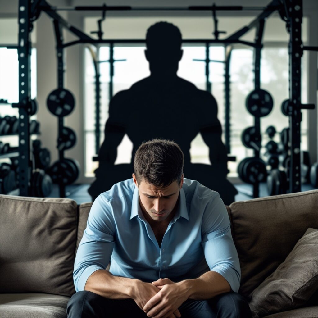A man sitting slumped on a couch, looking defeated, while a shadow version of himself in the background is lifting weights in the gym – Symbolizing the choice between self-destruction and self-improvement.