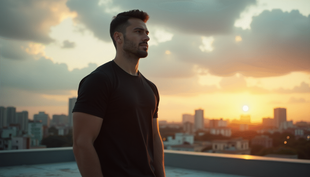 A man standing , staring into the distance , symbolizing the journey ahead and the decision to move forward.